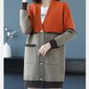Women's Sweater Jacket Autumn and Winter Loose Medium-length Knitted Cardigan V-neck Color-blocked Knitted Jacket