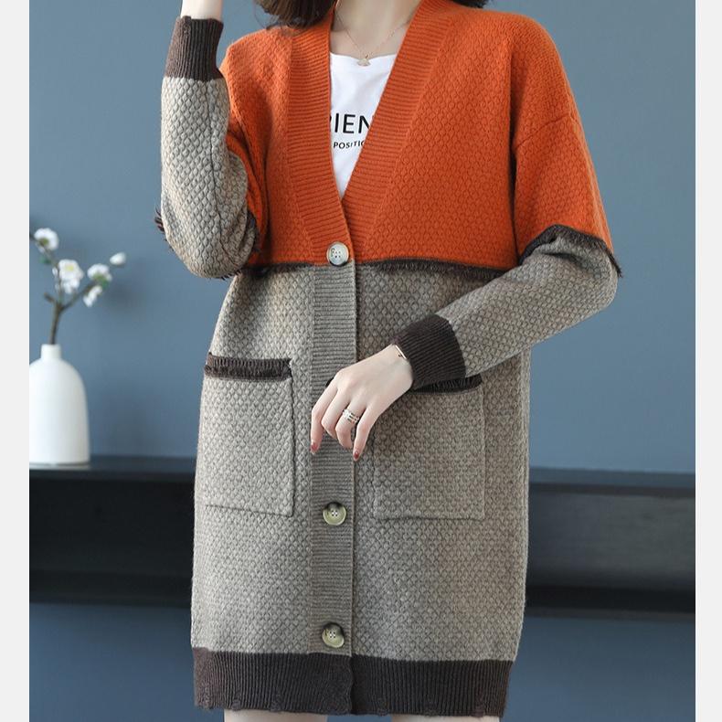 Women's Sweater Jacket Autumn and Winter Loose Medium-length Knitted Cardigan V-neck Color-blocked Knitted Jacket