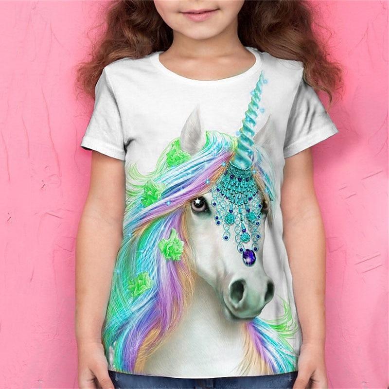Mädchen T-Shirt mit 3D-Tier Einhorn Kurzarm 3D-Druck Sommer Frühling Aktiv Mode Niedlich Kinder 3-12 Jahre Outdoor Täglich Normale Passform