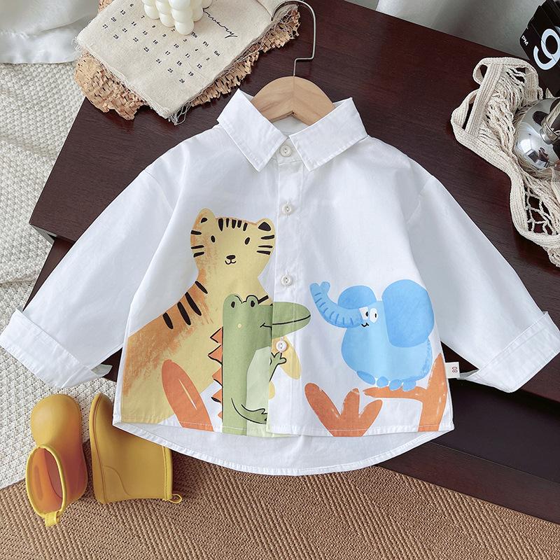 Cute Boys White Shirt With Cartoon Animal Print Fresh Casual Long Sleeve Top For Kids