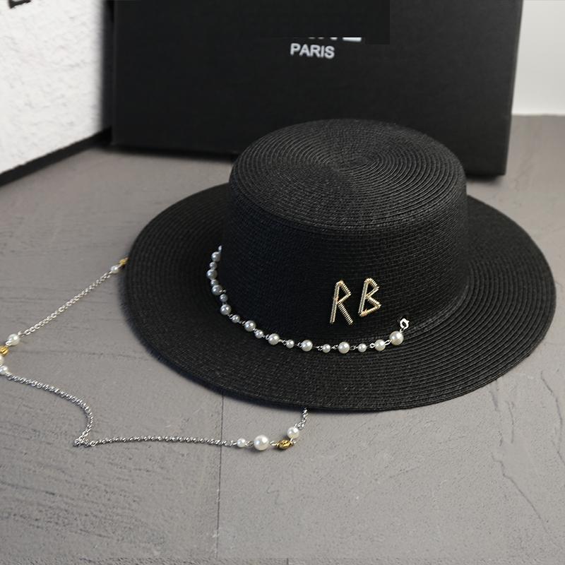 Neue Damen Sommerhüte Stroh-Sonnenhut Panama Elegante Stroh-Fedora-Hüte Damen Mädchen Outdoor-Urlaub mit Perlenkette Sonnenschutz Strandhut
