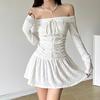 Women's Pure Desire To Pull A Pleated Waist One-line Shoulder Dress Sexy Sweet Spicy Waist Slimming Long Sleeve Low Waist Short Dress