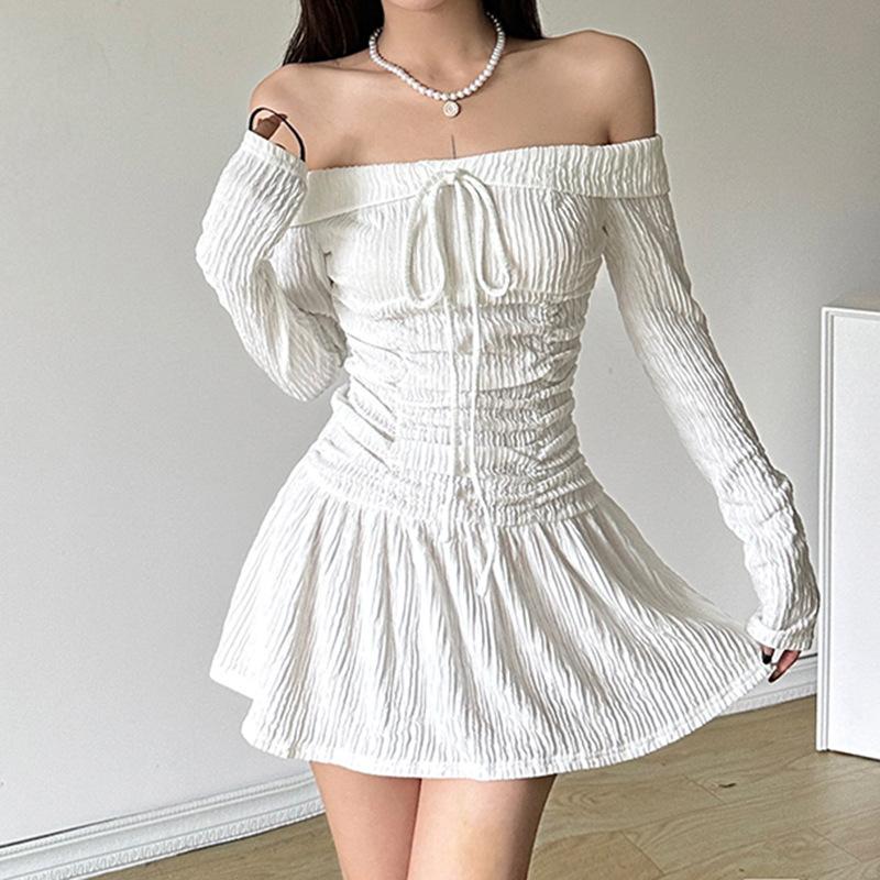 Women's Pure Desire To Pull A Pleated Waist One-line Shoulder Dress Sexy Sweet Spicy Waist Slimming Long Sleeve Low Waist Short Dress