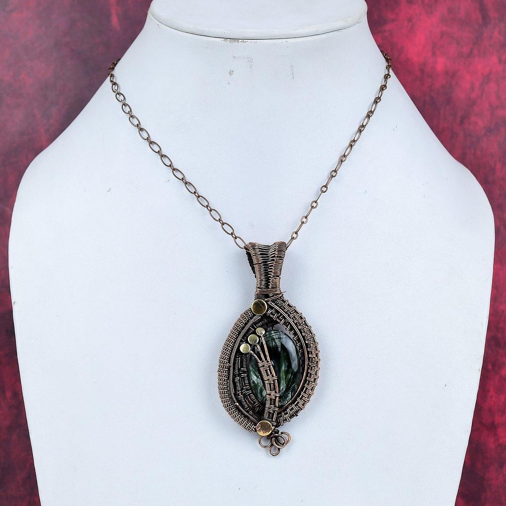 Seraphinite pendant copper wire wrapped pendant seraphinite gemstone jewelry handmade stylish pendant copper wire wrap jewelry gifts for him
