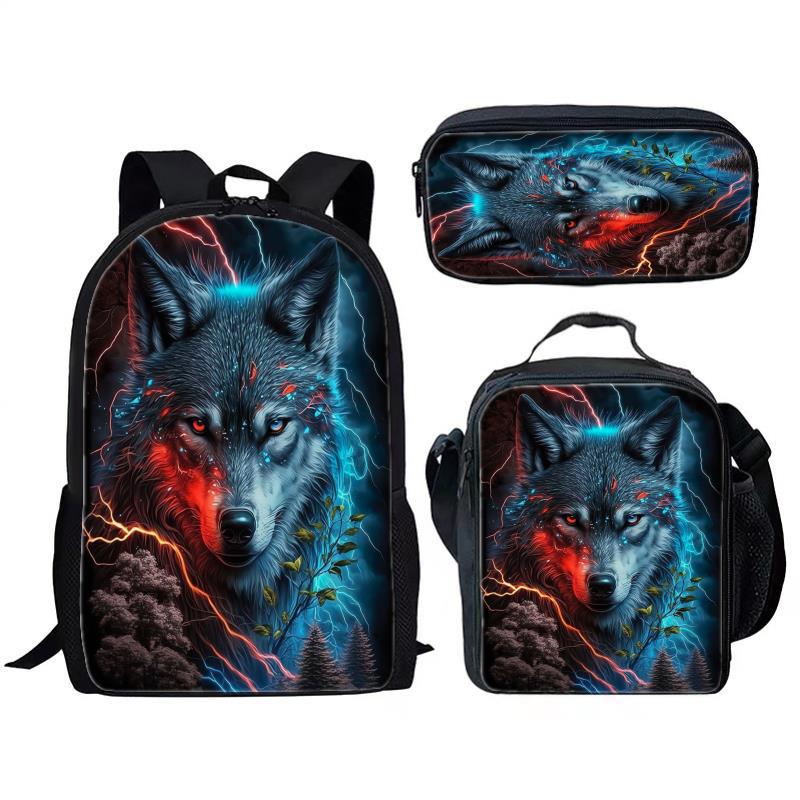Animal Wolf Three Piece Set for Children and Elementary School Students, Large Capacity Backpack, Meal Pack, Pen Bag