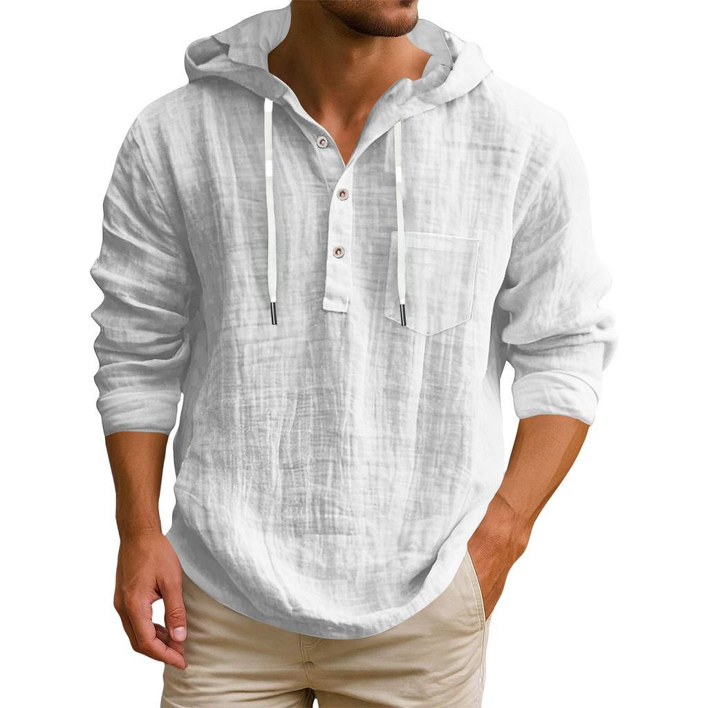 Men's Hooded T-shirt Solid Color Cotton And Linen Men's Casual Long-sleeved Top