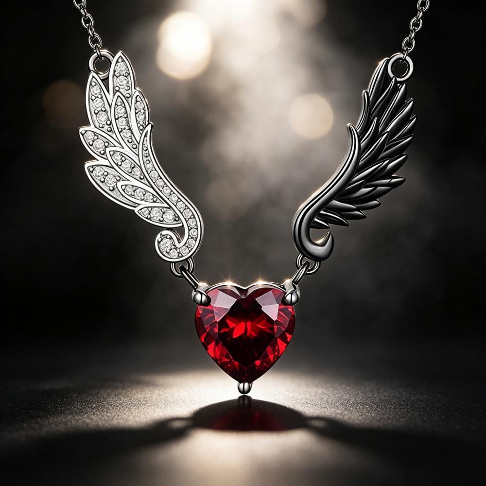 Gothic Female Red Zircon Stone White Wing Heart Pendant Necklace Black Color Wedding Jewelry For Women