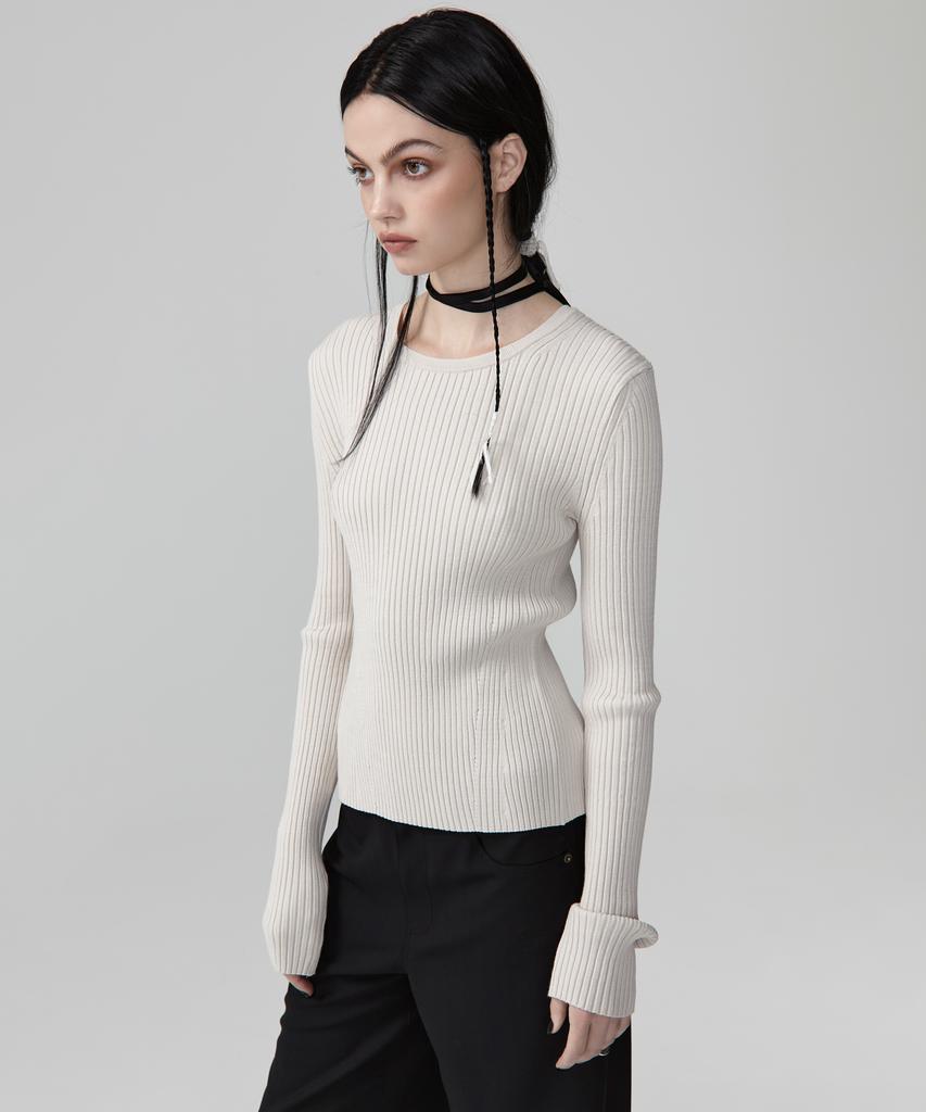 EAN JO Back Strap Ribbed Knit Top (Cream Beige)