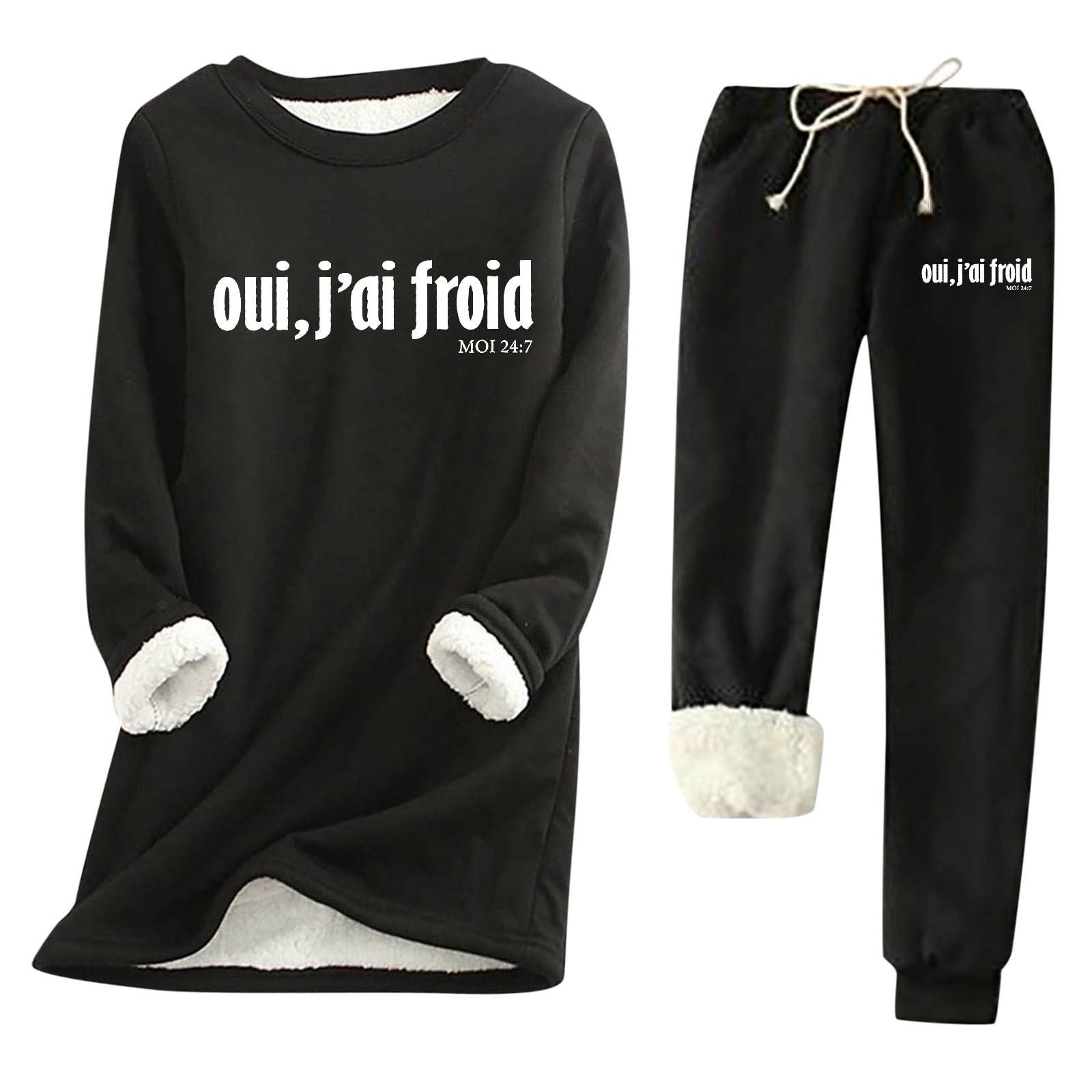 

Жіночий теплий костюм з принтом і круглим вирізом, флісовий светр із довгими рукавами, спортивні штани на шнурках із двох частин XXXXL чорний