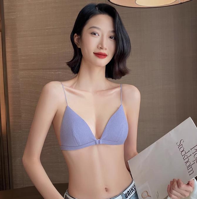 Women's Sexy French Triangle Cup Front Closure Bra Set with Thin Straps and Beautiful Back Design