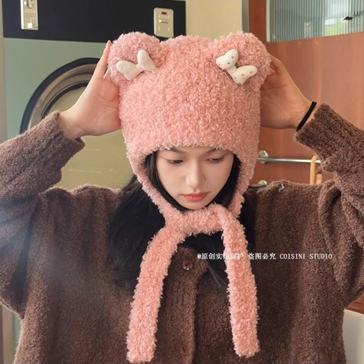 Korean cute bow plush circle bear hat women's thickened warm knitted headgear ear cap