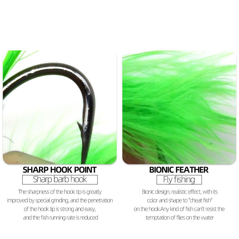 MNFT 10Pcs 6# Blackhead Green Flash Streamer Fly Trout Blackhead Fishing Flies Hook Fish Lure