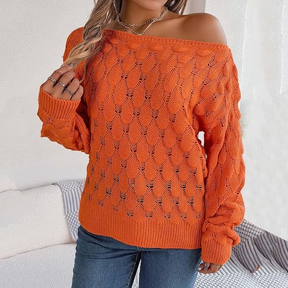 Женские вязаные джемперы-фонарики с длинным рукавом и одним плечом, свитер-пуловер, однотонный ажурный трикотаж, топы L оранжевый