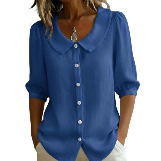 Women Tops Lapel Half Sleeve Buttons Placket Shirt Tops Pure Color Loose Fit Casual Style Shirt Home Dates Versatile Wear S