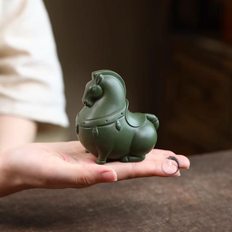 Yixing Zisha Green Horse Tea Pet Ornament for Wealth and Success