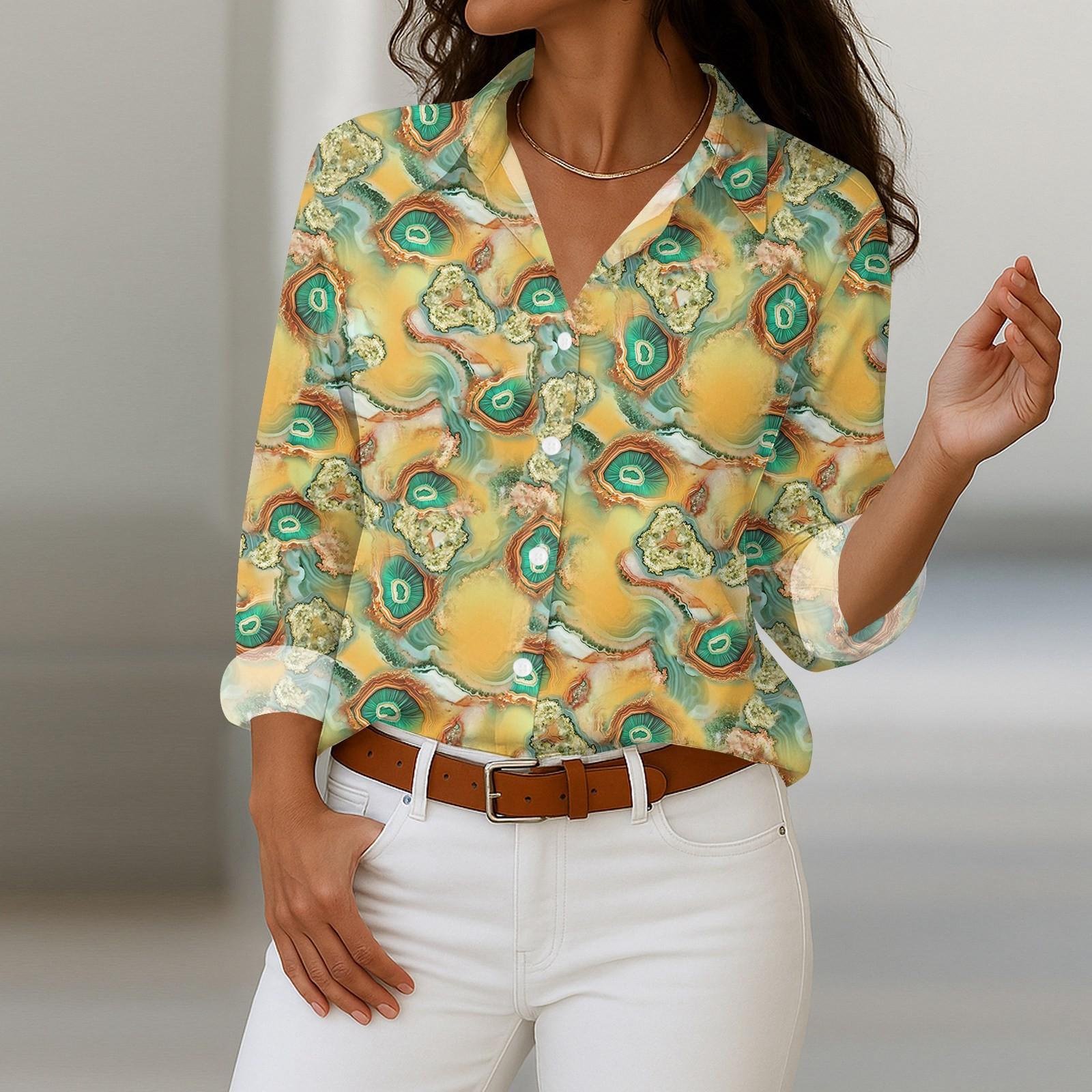 

Жіноча сорочка з ґудзиками з квітковим принтом, повсякденна сорочка з довгим рукавом звичайного крою, блузки, повсякденні базові топи великих розмірів S зелений