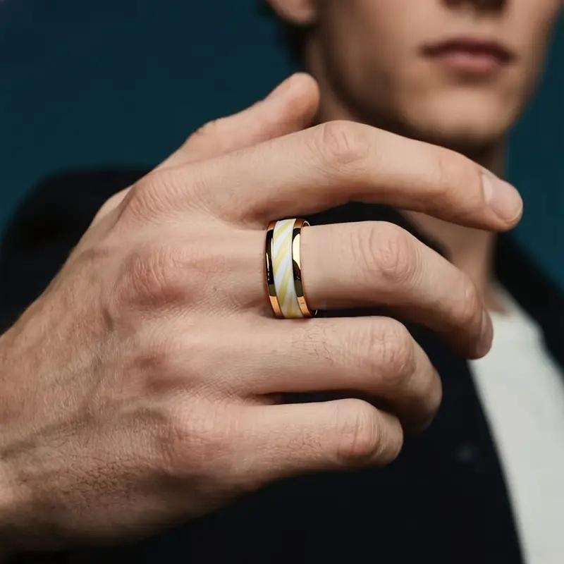 With White Abalone Shell Inlay Rings Trendy 8mm Gold Color Men Stainless Steel Ring for Men Women Wedding Jewelry Drop Shipping