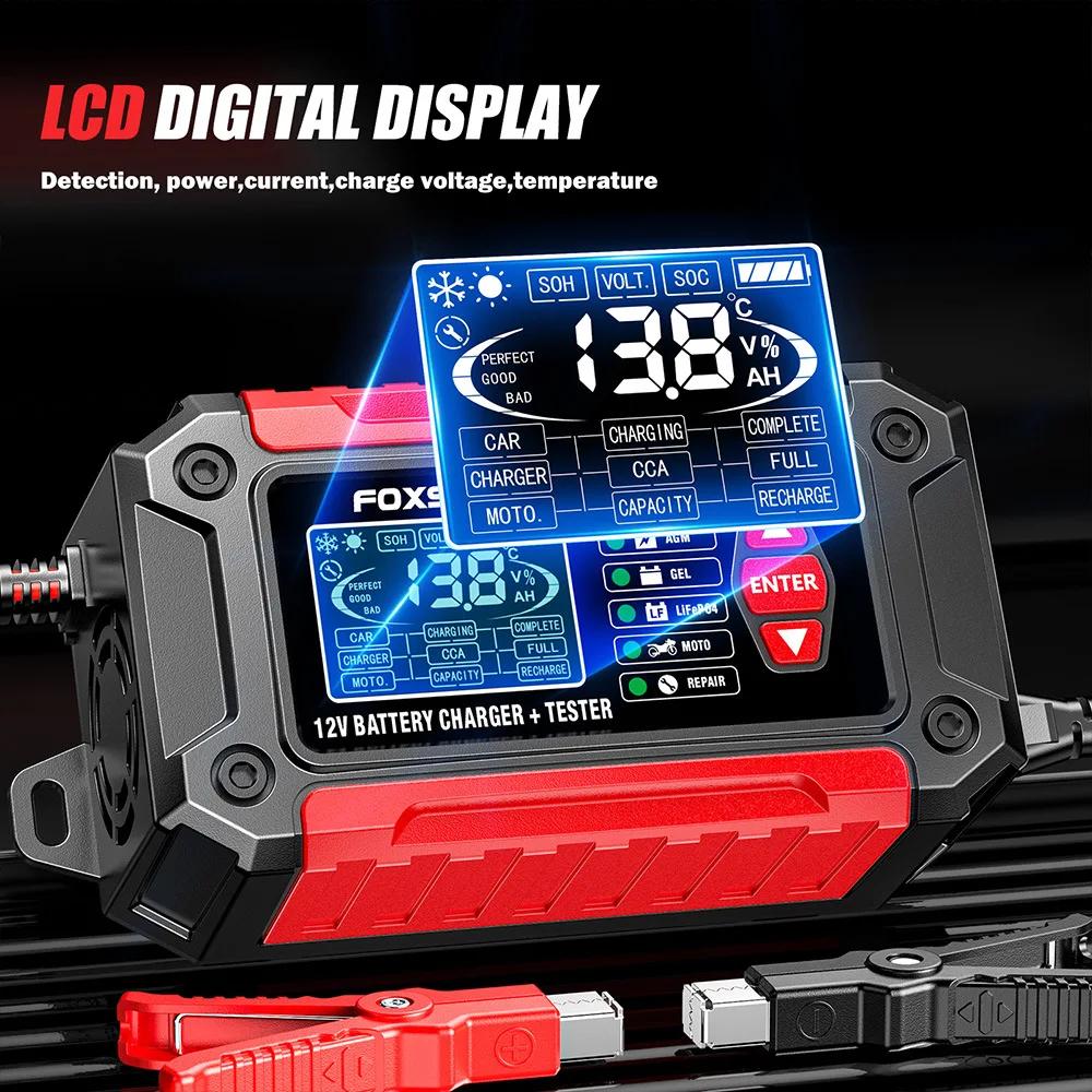 FOXSUR Car Battery Charger 12V 6A FTC-1206 Motorcycle Truck AGM LiFePO4 Lead Acid Batteries Maintainer Digital LCD Display