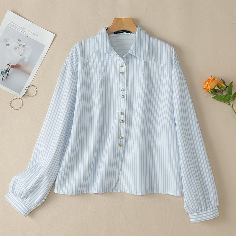 

ZANZEA Женская блузка с отложным воротником, свободного кроя, с длинным рукавом, в полоску S синий