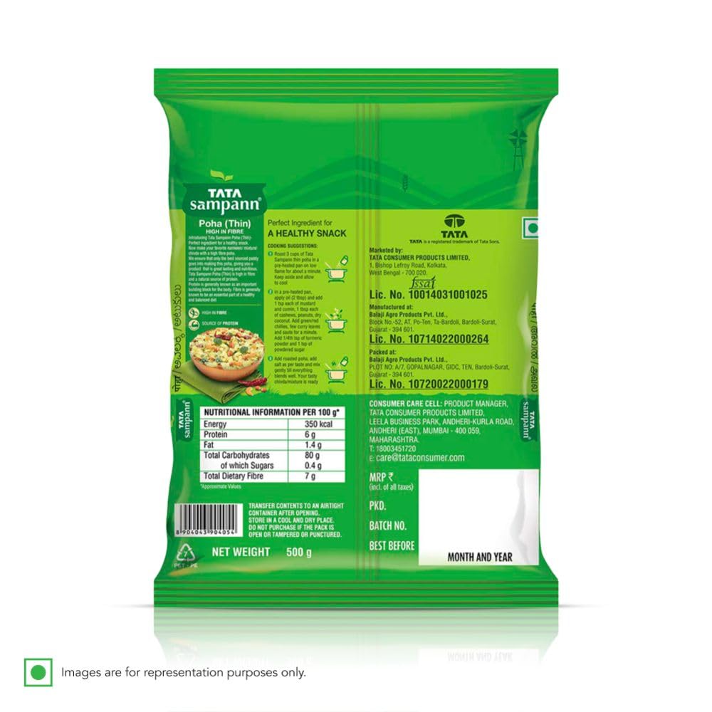 TATA Sampann Poha Alb Subțire 500g Orez Fulgi Pentru Rețete Sănătoase de Mic Dejun Gustare