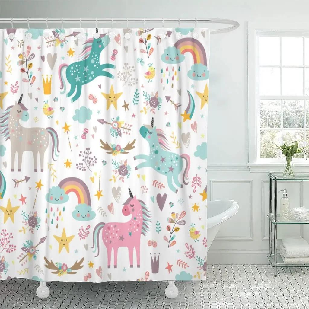

Cartoon Kid Shower Curtain Cute Unicorn Five-Pointed Star Flower Leaves Fabric Bathroom Curtain Set Bath Accessories Set Hooks 90x180cm-35x70in