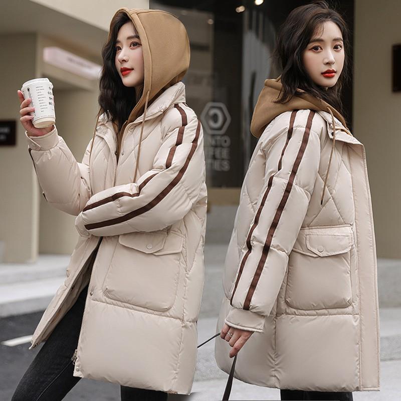Womens Warm Puffer Coat With Hooded Design Loose Fit Mid-Length Winter Jacket Cotton-Padded Outerwear