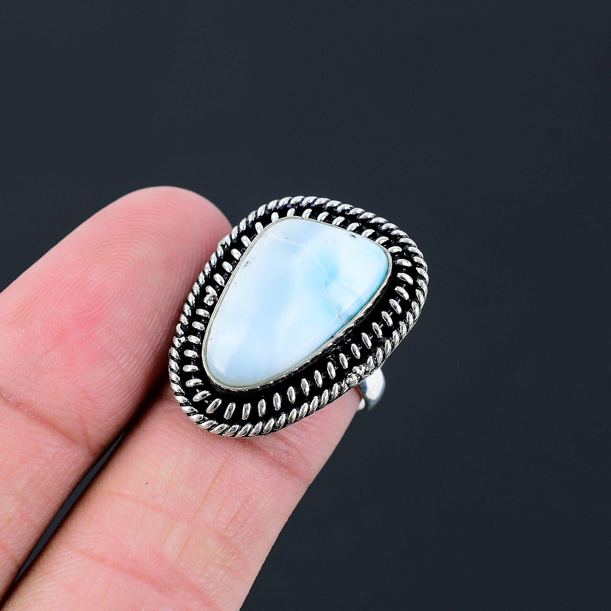 Sisters Day Sale Natural Larimar Sterling Silver Stackable Ethnic Ring Size 7.5 7.5
