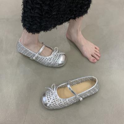 Shallow Single Shoes Women's Summer 2025 New One-character Buckle with Bow Casual Flat-bottom Woven Hollow Hole Shoes