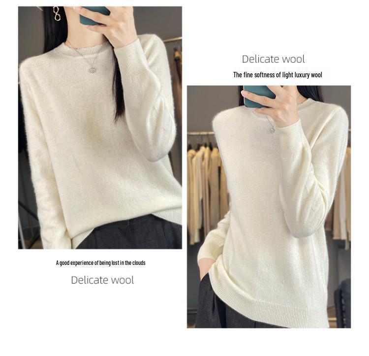 Women's 100% Pure Wool Lace Collar Round Neck Sweater - Autumn/Winter Plus Size Knit Pullover