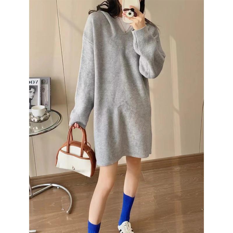 Fashion casual hooded medium and long knitted sweater top women's autumn and winter new loose lazy pullover sweater
