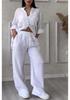 2024 Women's Solid Color Single-Breasted Shirt & Wide-Leg Tie Pants Set, Cotton-Linen Fabric