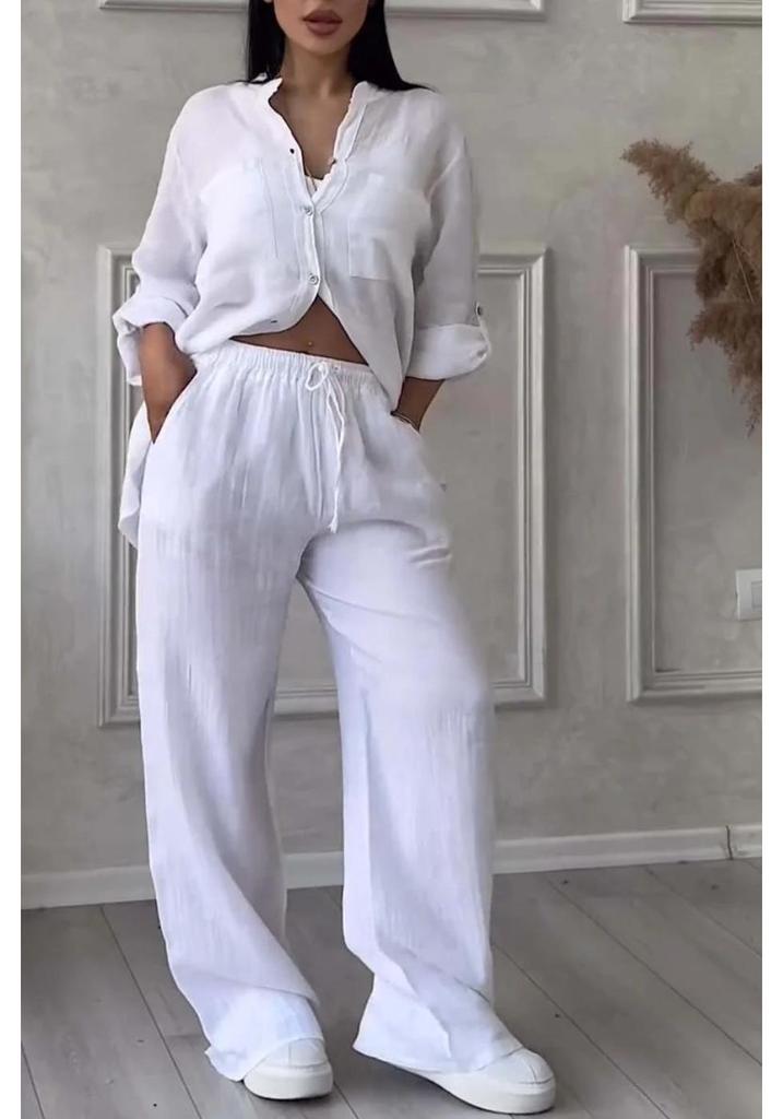 2024 Women's Solid Color Single-Breasted Shirt & Wide-Leg Tie Pants Set, Cotton-Linen Fabric