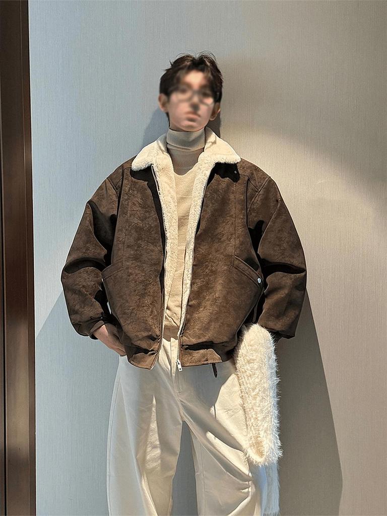 Men's American Style Tie-Dye Lamb Wool PU Leather Rivet Jacket