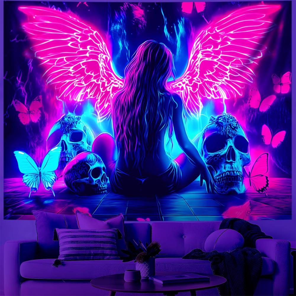 Fluorescent Dark Angel Wings Tapestry Blacklight Reactive Wall Hanging for Bedroom Gaming Room Bar Dorm Home Decor