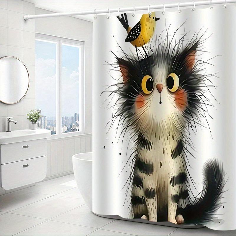 Fluffy Cartoonish Cute Cat Bird Shower Curtain Washable Dirt-Resistant Shower Head Waterproof Polyester Bath Curtain