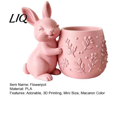 Desktop Ornament Planter 3D Printed Bunny Hugging Succulents Planter, Cute Rabbit Flower Pot with Embossed Small Green Plant Floral Body, Mini