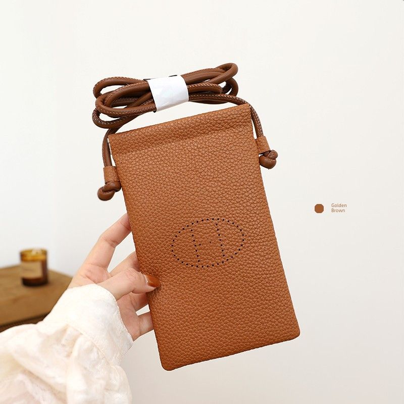 

Soft First Layer Leather Vertical Ultra-Thin Walking Phone Bag Golden Brown