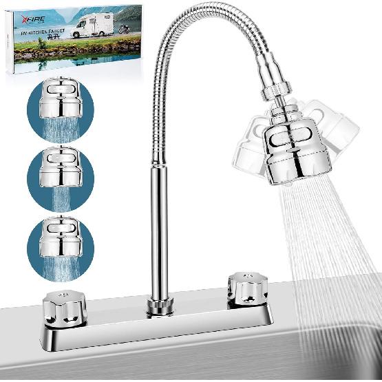 3 Mode RV Kitchen Faucet, XFIRE-GEAR 8In Camper Faucet Kitchen With Flexible Arc 360 Degree Rotatable Function Sprayer, RV Sink Faucets For
