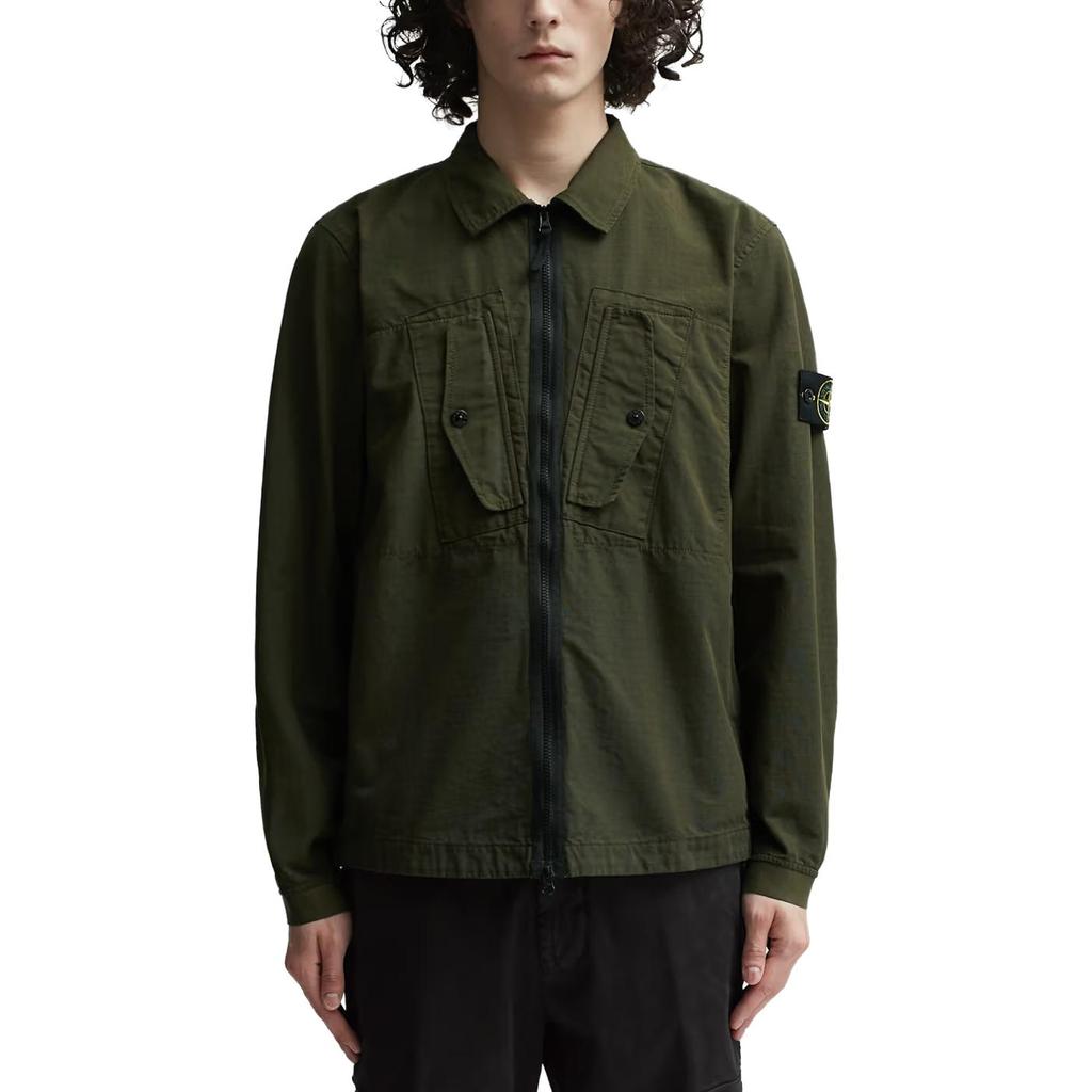 STONE ISLAND Solid Color Zip Collar Long Sleeve Jacket Men Jacket Olive-Green 791511112-V0058