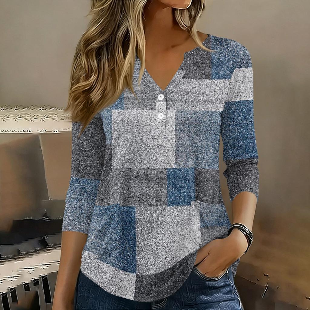 Womens 3/4 Sleeve V Neck Henley Pullover Top Geometric Print Casual Loose Fit Tunic Shirt