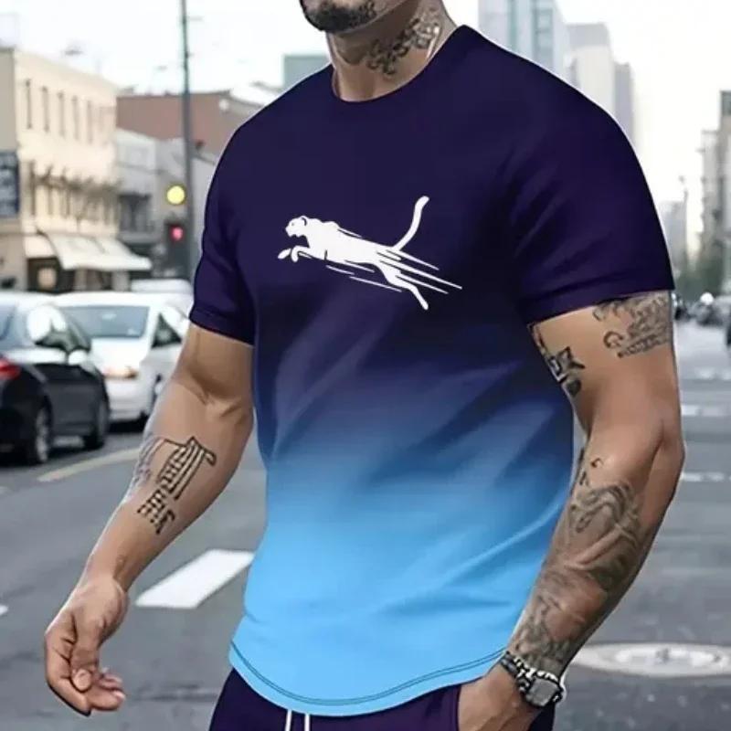 New Fashion Summer Friday 3D Animal Print Cougar Quick Dry Breathable Sport Men's Plus-size Crew Neck Fitness T-shirt
