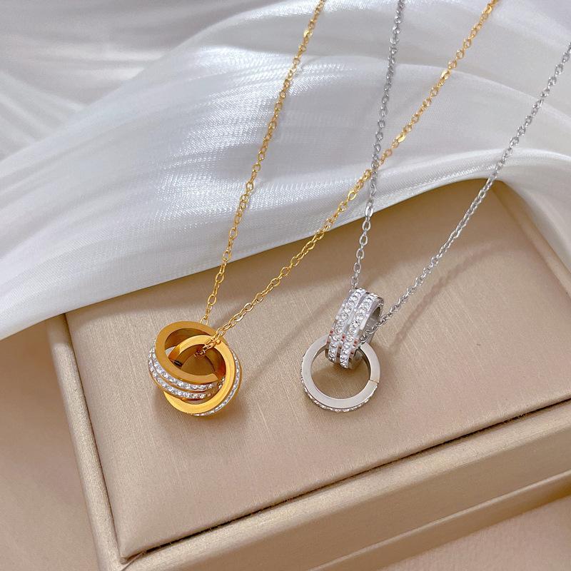 Double Ring Full Diamond Minimalist Furnace Real Gold Necklace Female Collarbone Chain Accessories