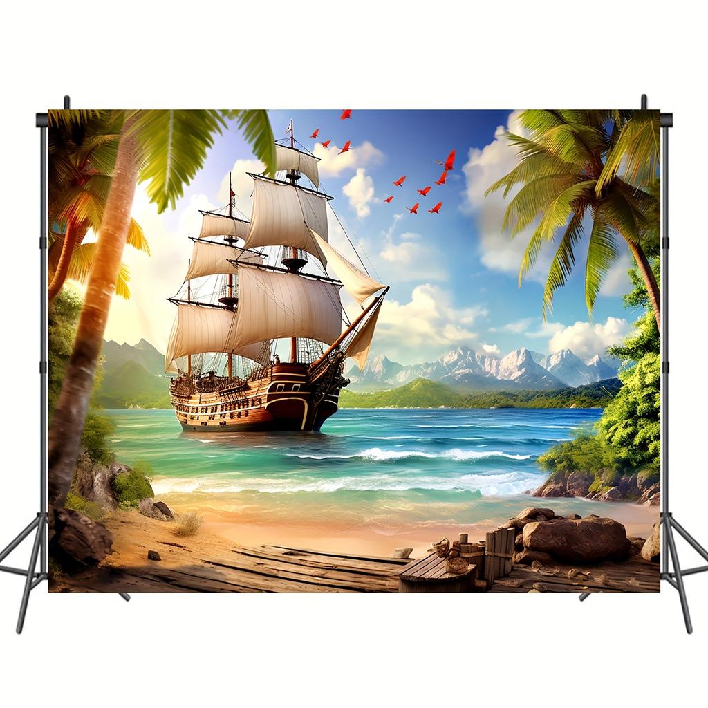 Beach Island Pirate Ship Background Photo Props, Party Home Decor, Party Wall Decor, Birthday Party Background Decor