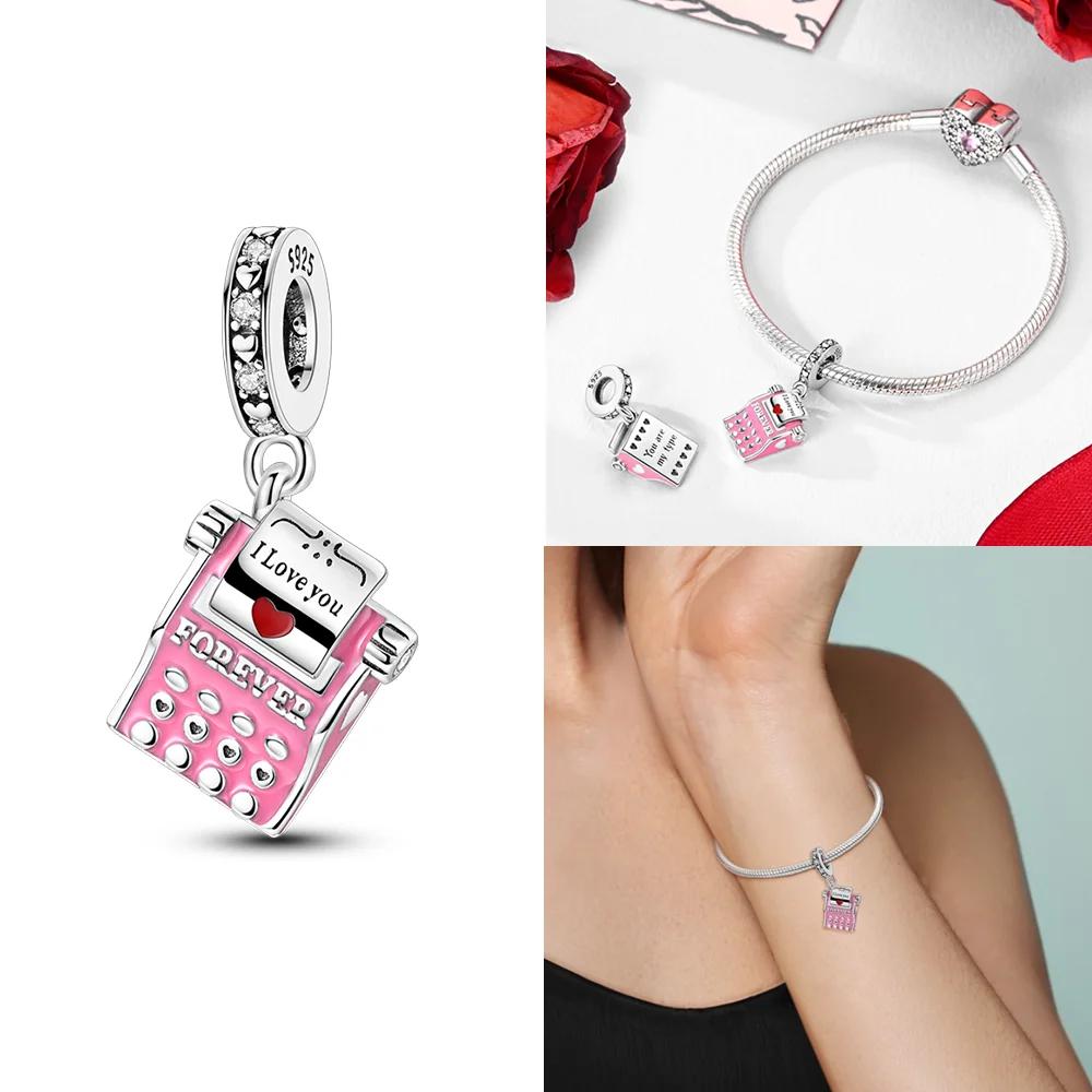 Pink Zircon Open Front Love Couple Sweater Copper Charms Beads Original Fit Bracelet Women Delicacy Diy Girlfriend'S Gift