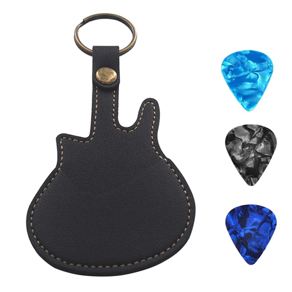 Guitar Picks Holder Case with 3 Picks, PU Leather Picks Bag and Picks Carrying Case with Keyring for Guitar Bass Ukulele