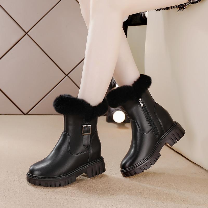 Inner heightening snow boots women's winter new casual mid-tube boots rabbit fur thermal cotton boots thick-soled women's boots