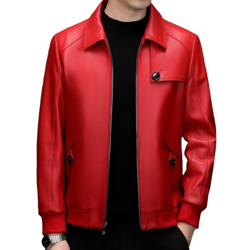 Autumn red leather leather jacket men's lapel suede jacket locomotive men's business jacket solid color leather jacket