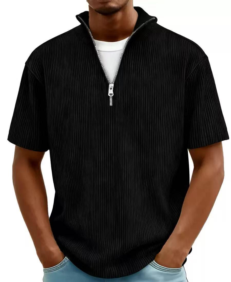 2026 Men s Summer Henley Zipper Striped Short-Sleeve Tee for Europe America L чёрный 1850₽