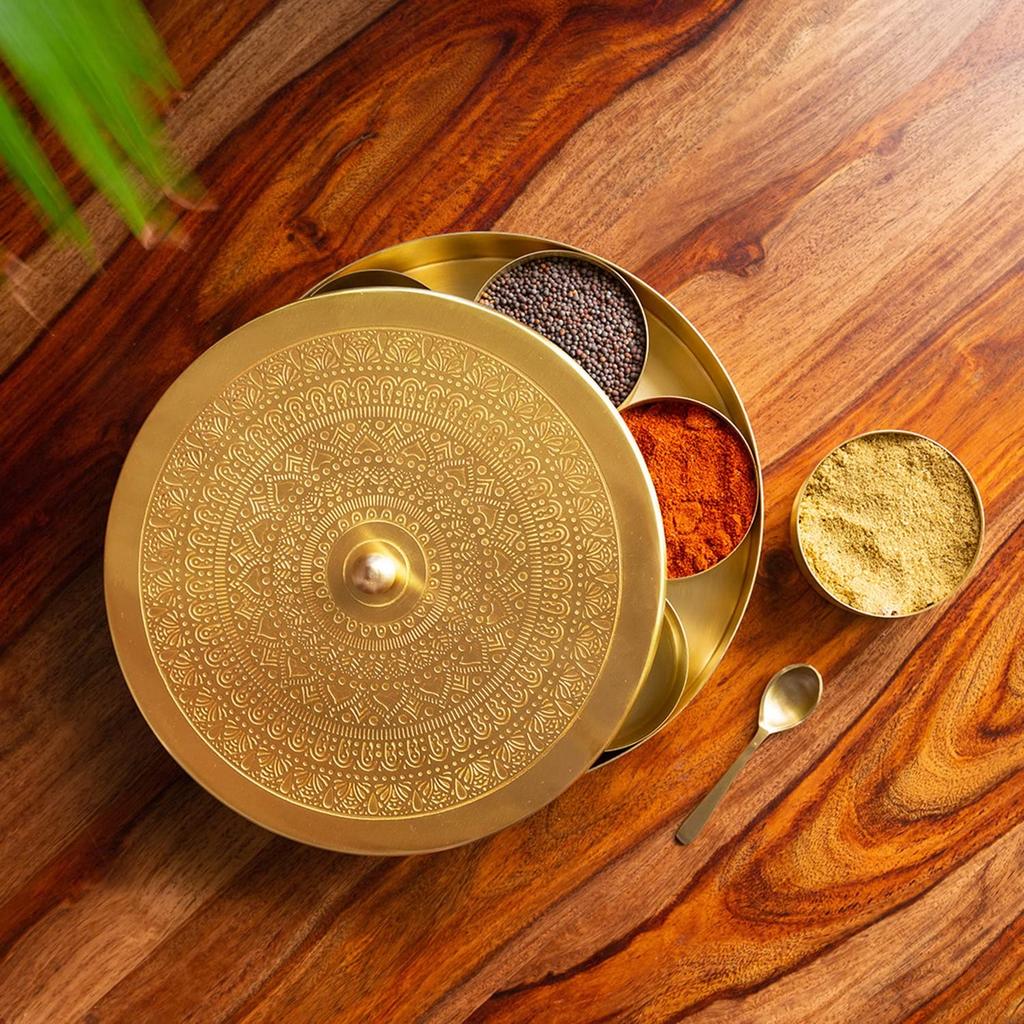 Spice Container (100 Ml), Floral Brass Spice Box for Kitchen (Gold),  ExclusiveLane