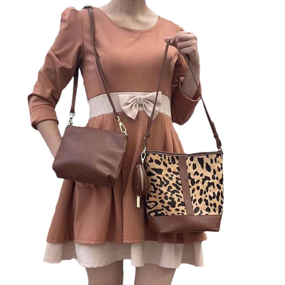 Leopard Print Horse Hair Women'S Bag Shoulder Bag Crossbody Bucket Bag Internet Celebrity Versatile Child And Mother Bag Three-Piece Set Special Offer